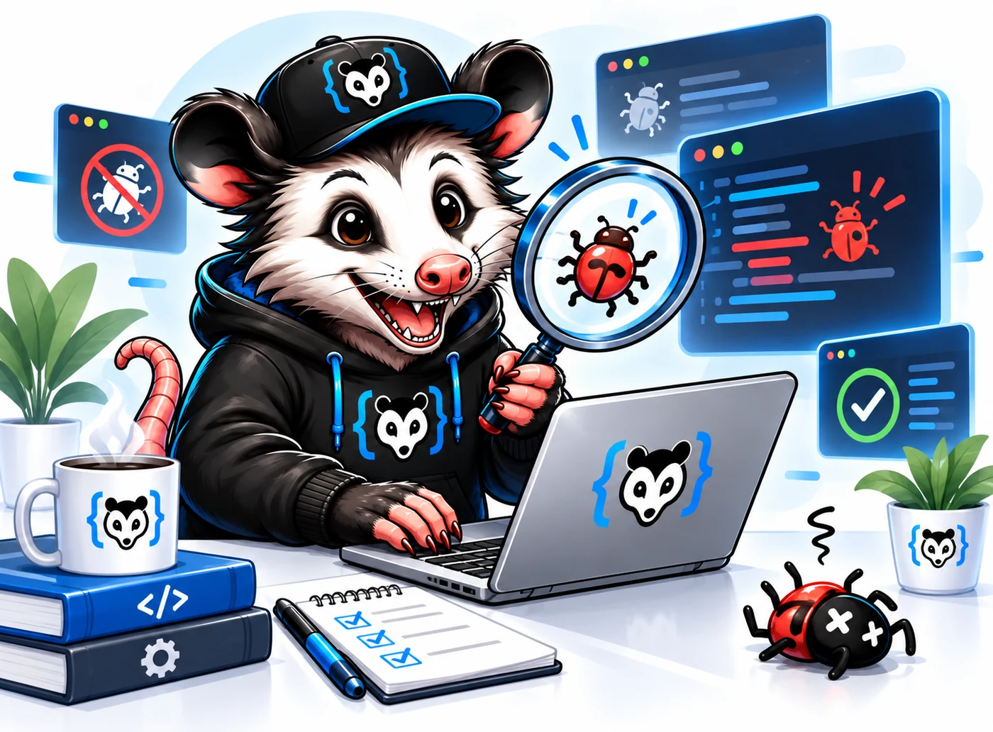 Illustration of the CodePossum mascot inspecting a laptop with a magnifying glass, hunting a ladybug bug on the screen.
