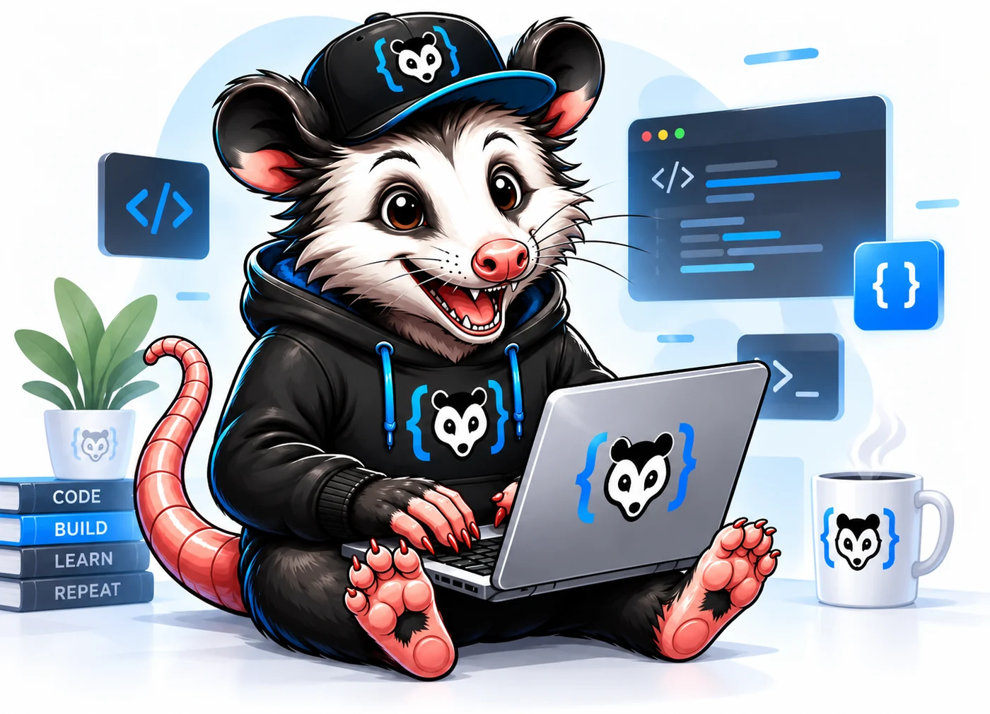 Illustration of the CodePossum mascot working at a laptop surrounded by books and floating code and automation icons.