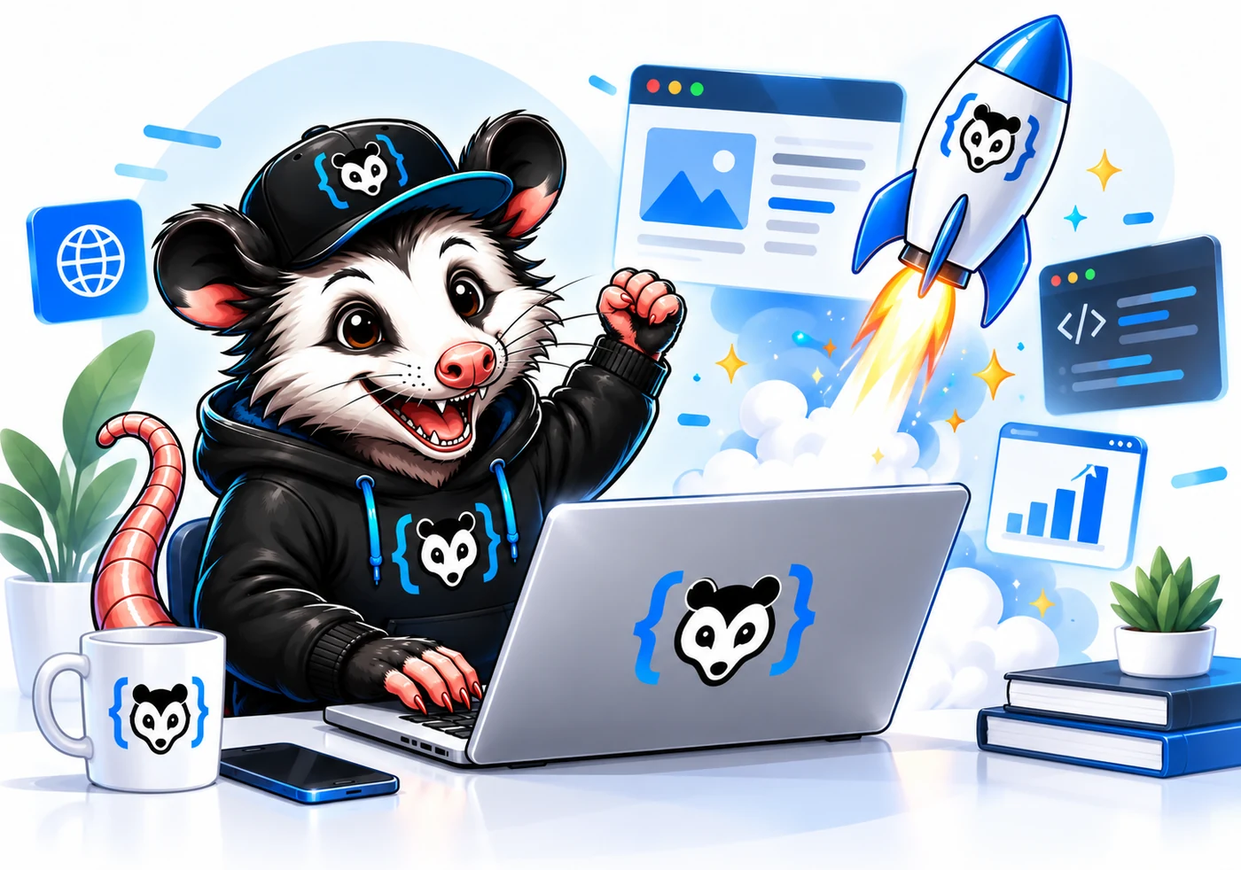 Illustration of the CodePossum mascot celebrating beside a launching rocket, a rising chart, and code icons.
