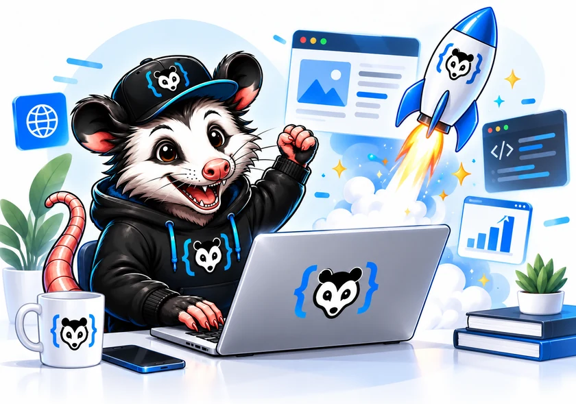 Illustration of the CodePossum mascot celebrating beside a launching rocket, a rising chart, and code icons.