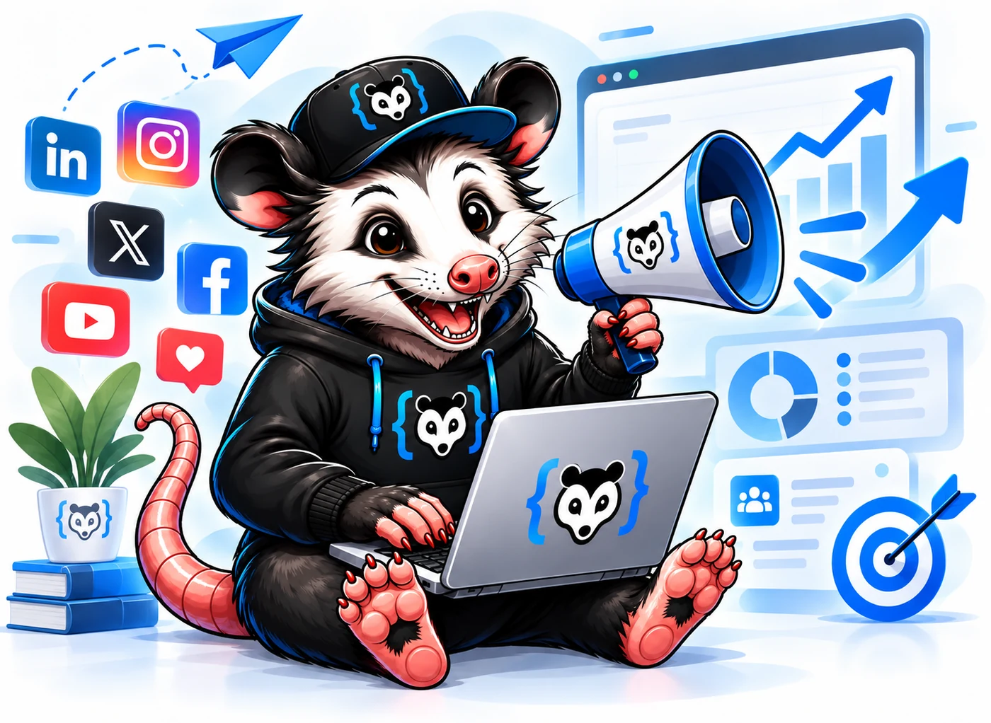 Illustration of the CodePossum mascot with a megaphone beside growth charts and social icons, showing a project moving forward.
