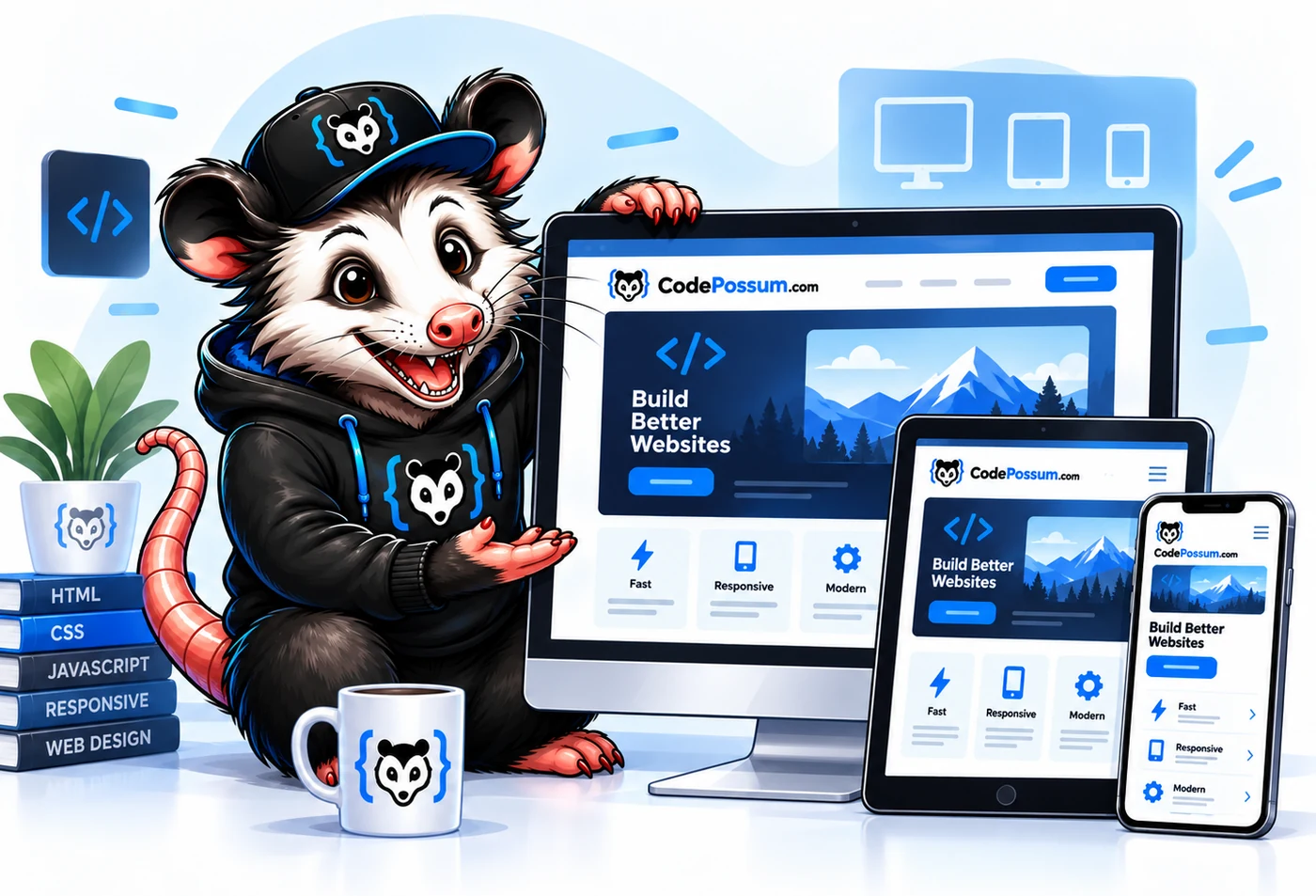 Illustration of the CodePossum mascot presenting a website that adapts across a desktop monitor, a tablet, and a phone, surrounded by web-development books.
