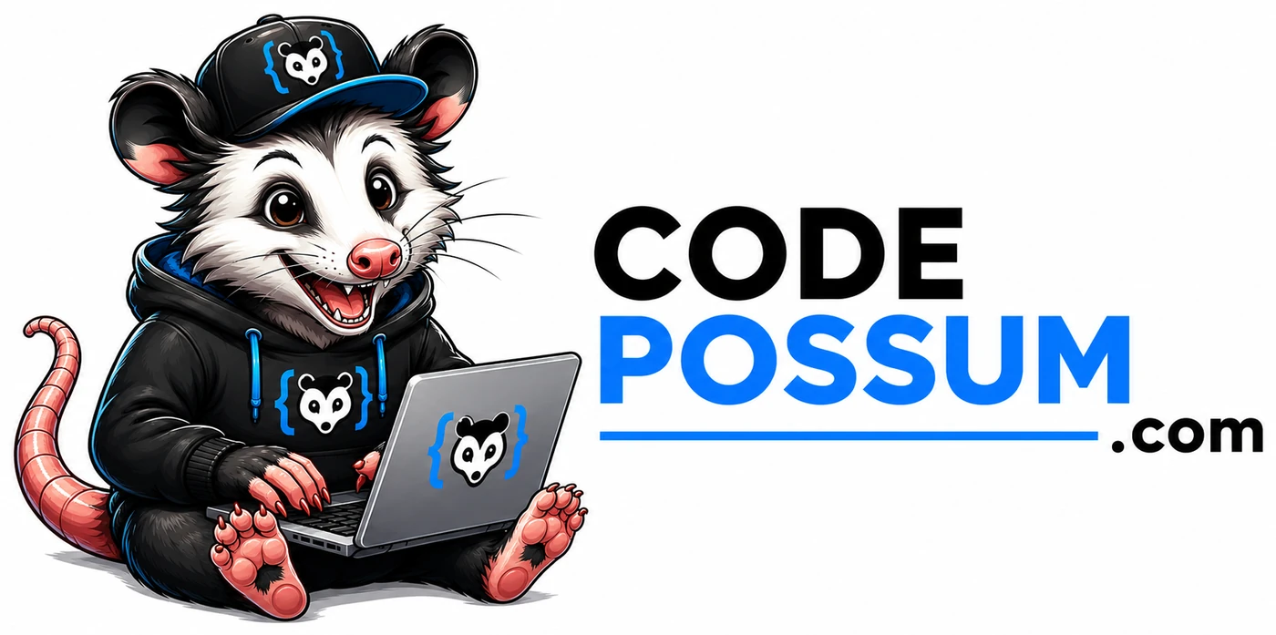 The CodePossum primary logo: the mascot in a black hoodie and cap typing at a laptop, beside the CodePossum.com wordmark.